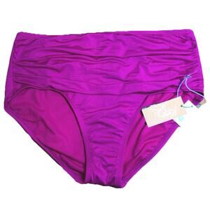 Kona Sol Pink Fucsia Ruched High Coverage Waist Bikini Swim Suit Bottom L 12-14